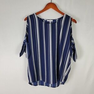 Mine Shirt Womens‎ Small Blue Oversized Baggy Top Striped Short Sleeve Bow Cuff
